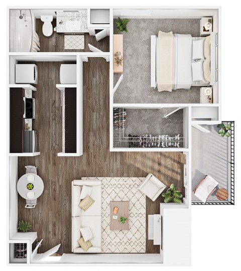 Floor plan for 1 bed, 1 bath, 677 sqft